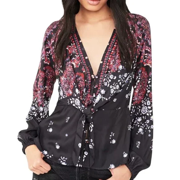FREE PEOPLE FLORAL BOHO COTTAGECORE BLOUSE ROMANTIC HIPPIE FLOWER CHILD SMALL - Picture 3 of 9